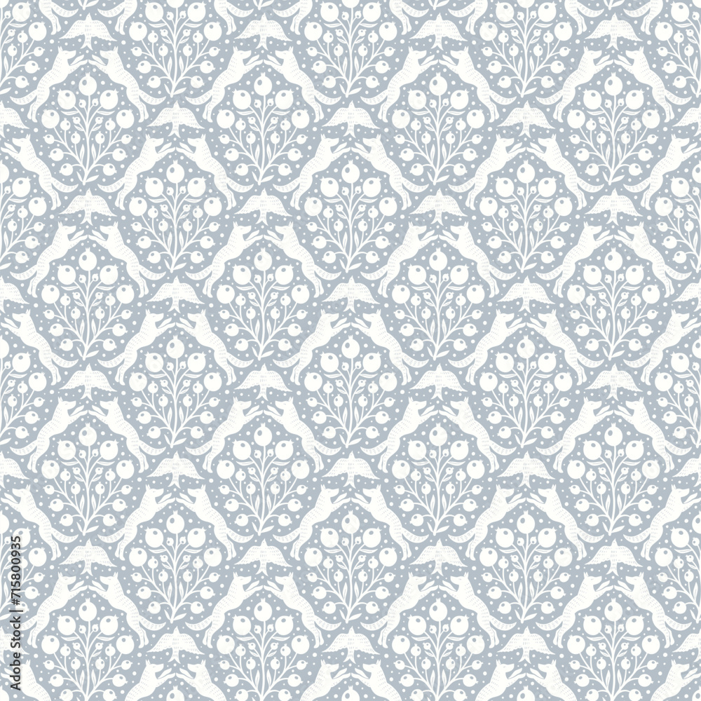 Hand drawn woodland animals seamless pattern Decorative cute dog wolf bird berries seamless pattern Hand drawn woodland animals seamless pattern Decorative cute dog wolf bird berries seamless pattern