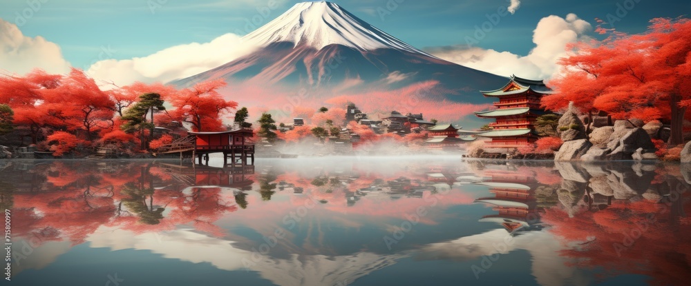 Beautiful japanese village town buddhist temple with sakura growing and mount fuji in background. - obrazy, fototapety, plakaty 