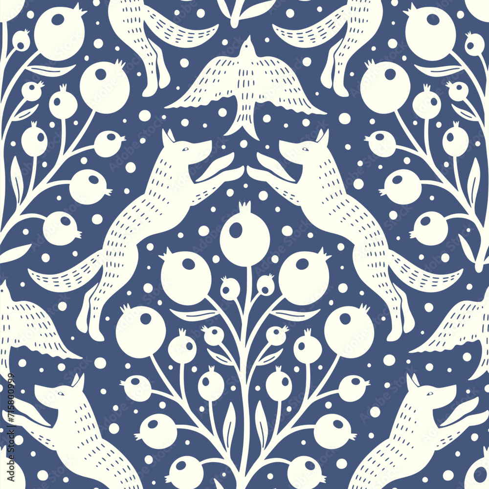 Hand drawn woodland animals seamless pattern Decorative cute dog wolf bird berries seamless pattern Hand drawn woodland animals seamless pattern Decorative cute dog wolf bird berries seamless pattern