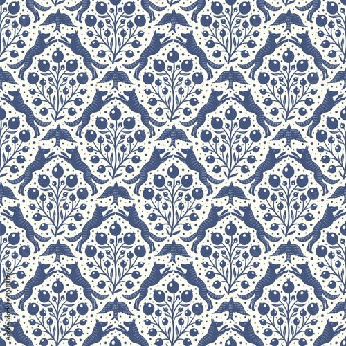 Hand drawn woodland animals seamless pattern Decorative cute dog wolf bird berries seamless pattern