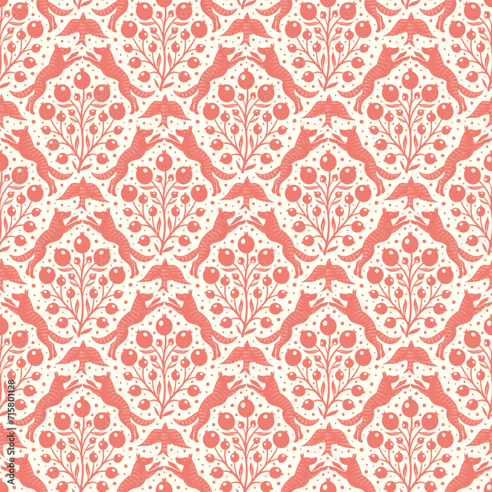 Hand drawn woodland animals seamless pattern Decorative cute dog wolf bird berries seamless pattern Hand drawn woodland animals seamless pattern Decorative cute dog wolf bird berries seamless pattern