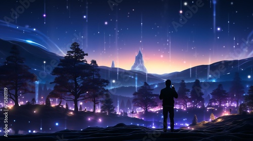 Cosmic Adventure: Silhouette of a Person Standing in a Mystical Night Landscape