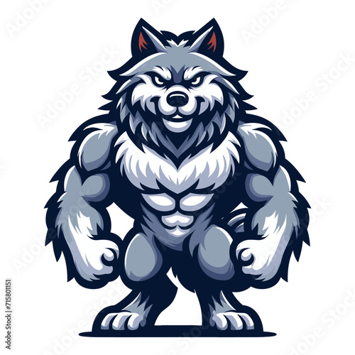 Strong body muscle wild beast wolf fox dog mascot design vector illustration, logo template isolated on white background
