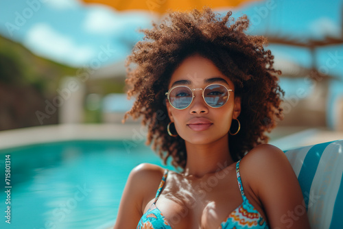 Chic African American woman with sunglasses relaxing by a pool