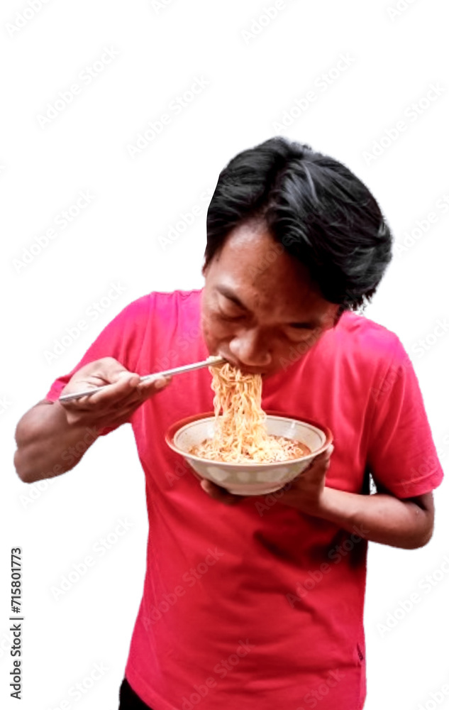 Young man with bowl of Chinese noodles on white background Young man with bowl of Chinese noodles on white background