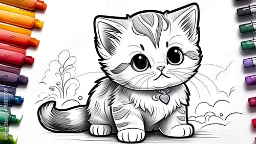 Anti stress coloring book kitten. Stylized cute cat (young kitten). Freehand sketch for adult and children