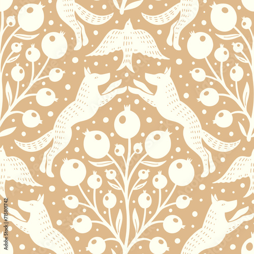 Hand drawn woodland animals seamless pattern Decorative cute dog wolf bird berries seamless pattern