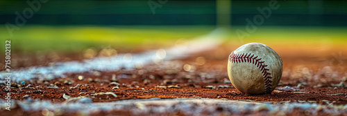 A baseball sitting in the infield of a baseball field