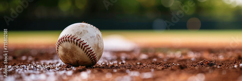 A baseball sitting in the infield of a baseball field photo