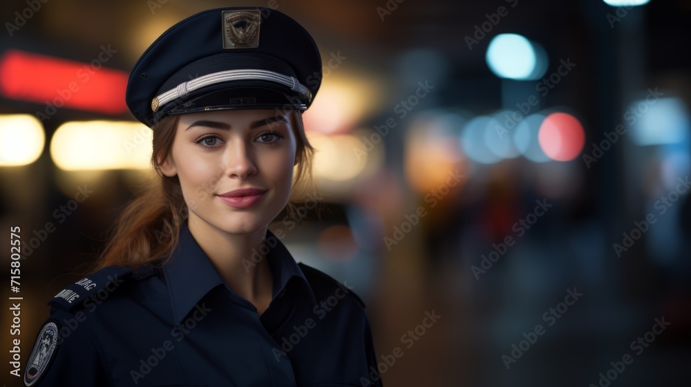 Portrait of a Beautiful policewoman standing on the street. Happy female police officer patrolling the city on a summer night. Young Caucasian woman in police uniform outdoors. Portrait of a Beautiful policewoman standing on the street. Happy female police officer patrolling the city on a summer night. Young Caucasian woman in police uniform outdoors.