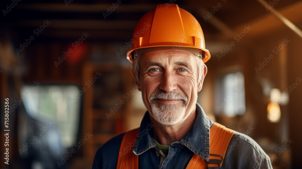 A happy elderly construction man standing on a construction site. Portrait of a caucasian male builder in an unfinished building. Guy wearing a protective hard hat in a constructing apartment building - obrazy, fototapety, plakaty 