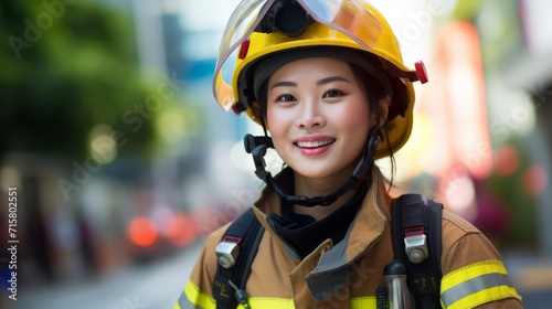 Happy woman firefighter standing next to a firetruck, outdoors. Smiling Asian woman in a Firefighter's uniform and helmet posing in the city. Happy female worker on duty. Cheerful female worker.