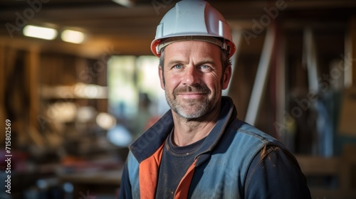 A happy construction man standing on a construction site. Portrait of a caucasian male builder in an unfinished building. Guy wearing a protective hard hat in a constructing apartment building.