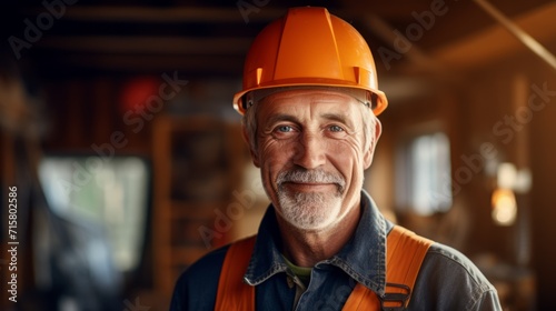 A happy elderly construction man standing on a construction site. Portrait of a caucasian male builder in an unfinished building. Guy wearing a protective hard hat in a constructing apartment building photo