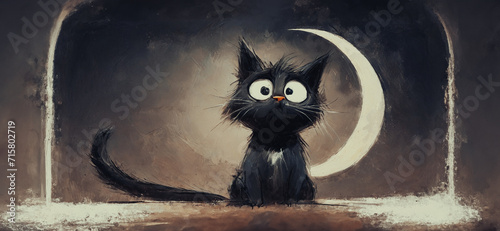 piccolo  gattino nero dai grandi occhi e dallo sguardo perplesso in una notte scura, spicchio di luna sullo sfondo photo