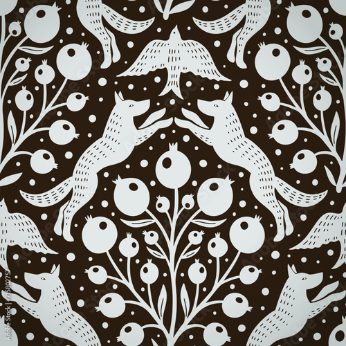 Hand drawn woodland animals seamless pattern Decorative cute dog wolf bird berries seamless pattern