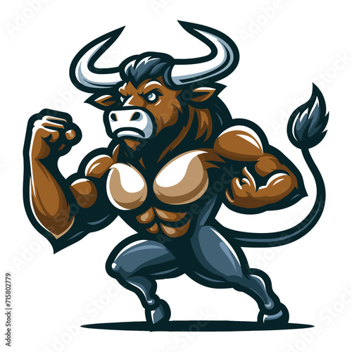 Strong athletic body muscle bull mascot design vector illustration, logo template isolated on white background