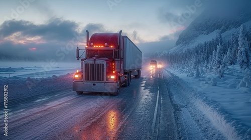  An Ice Road Trucker Navigating a Large Rig Over a Frozen Lake, Illustrating the Perils of Winter Driving in Remote Areas