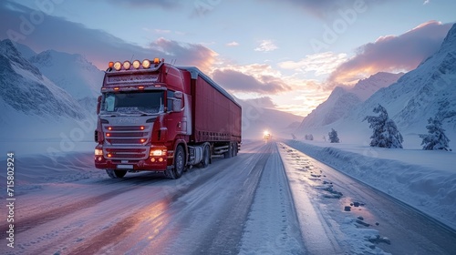 
An Ice Road Trucker Navigating a Large Rig Over a Frozen Lake, Illustrating the Perils of Winter Driving in Remote Areas photo
