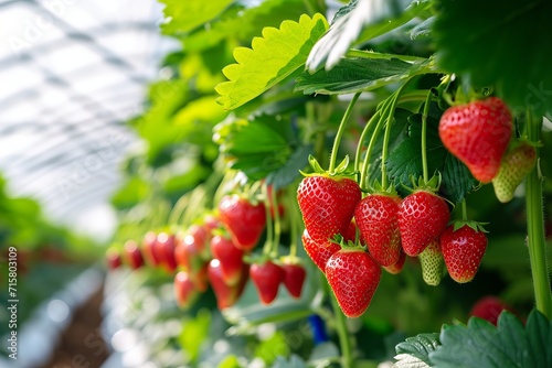Growing strawberry harvest and producing vegetables cultivation in greenhouse. Concept of small eco green business organic farming gardening and healthy food. photo