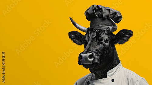 Chef on Cow Head with Yellow Background