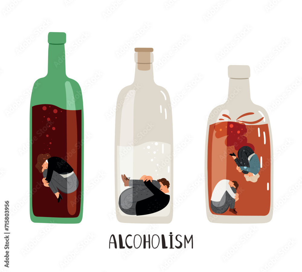 A man with alcohol addiction sits at the bottom of a bottle. Codependent woman drowns in a bottle of alcohol. Alcohol abuse concept vector illustration