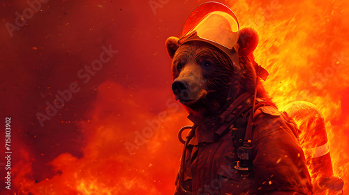 Stampa su tela Bear Fireman Standing in Front of a Fire