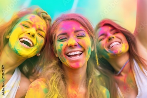 joyful happy friends, couple sharing laughter at holi festival, colorful memories in making, youth event celebration, blurred colorful powder in air. © Jim1786