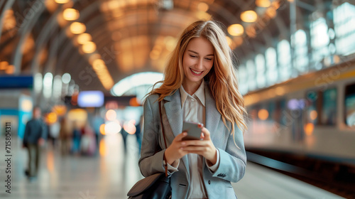 Enjoying travel. Young happy Caucasian business woman wearing a style grey suit holding mobile phone standing in city subway using smartphone for texting, checking apps for public transport, metro or