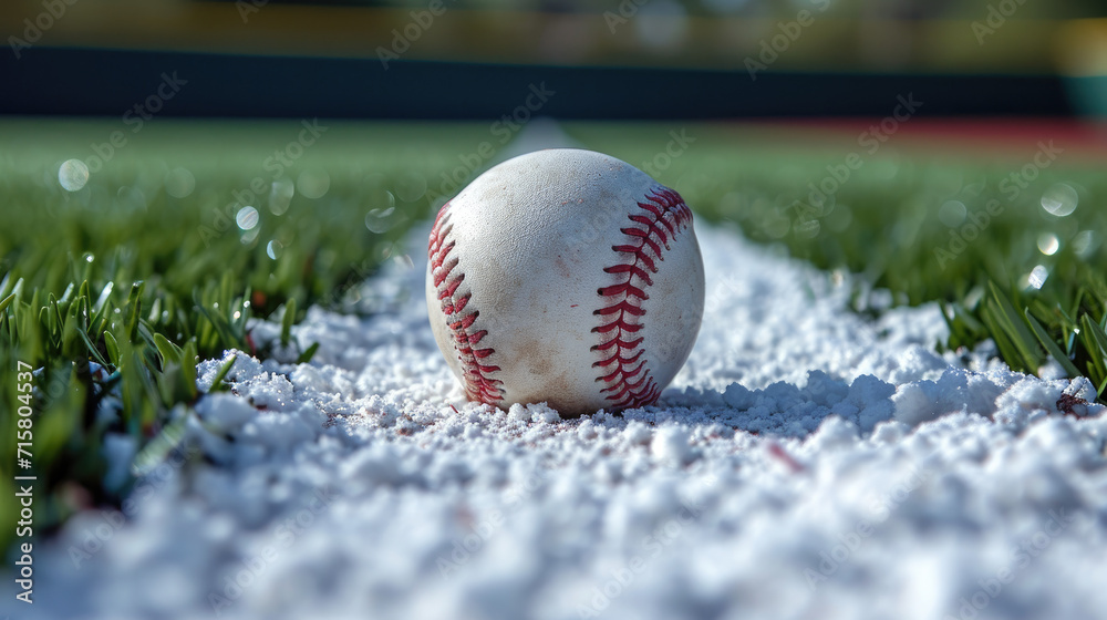 A pristine baseball resting on the infield chalk line of a well-maintained baseball field. A pristine baseball resting on the infield chalk line of a well-maintained baseball field.