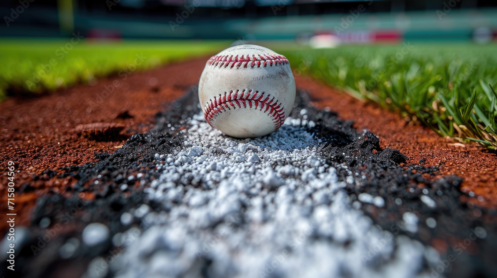 A pristine baseball resting on the infield chalk line of a well-maintained baseball field. 