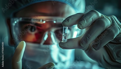 A doctor, clad in a bacteriological protective suit, carefully examining an antidote vial for a dangerous virus.