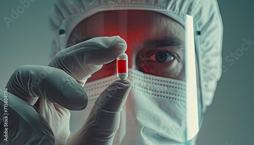 A doctor, clad in a bacteriological protective suit, carefully examining an antidote vial for a dangerous virus.