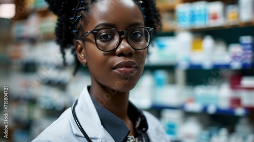 African-American female pharmacist on the background of shelves with medicines. Created with Generative Ai technology.