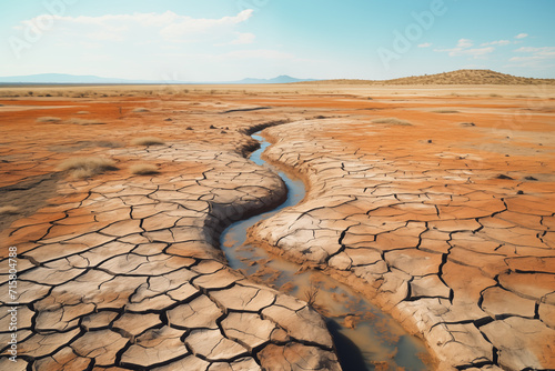 A narrow stream meanders through the contrasting cracked desert soil, illustrating nature's adaptability in harsh conditions.
