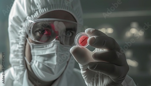 A doctor, clad in a bacteriological protective suit, carefully examining an antidote vial for a dangerous virus.