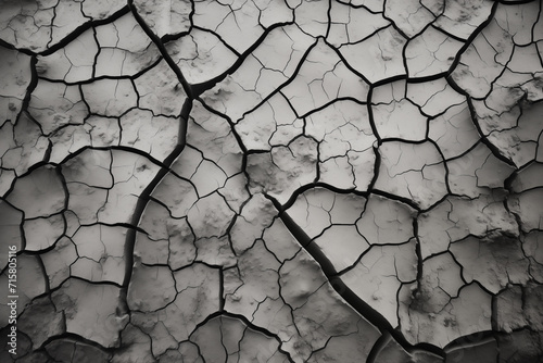 Black and white photo capturing the stark texture of cracked earth in a dry, barren landscape.