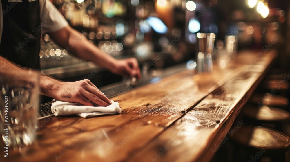 Bartender Cleaning the Counter in a Cozy Pub Atmosphere Bartender Cleaning the Counter in a Cozy Pub Atmosphere