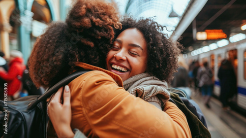 Happy Young Women Hugging on Subway Platform, Urban Friendship Concept