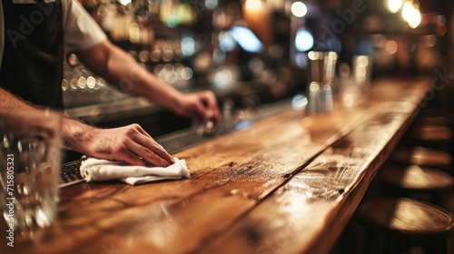 Bartender Cleaning the Counter in a Cozy Pub Atmosphere