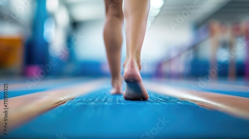 Focused Gymnast Practicing on a Balance Beam: Barefoot Balance and Concentration © romanets_v