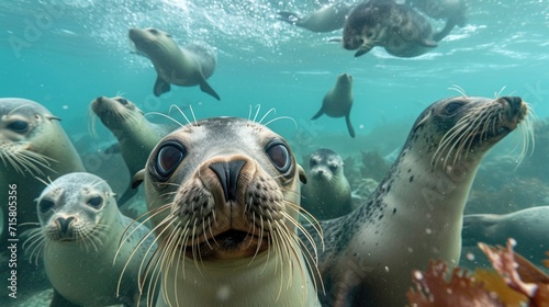 Underwater Encounter: Curious Seals Swimming Amongst Seaweed © romanets_v