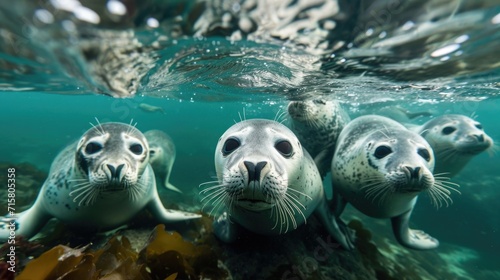Underwater Encounter: Curious Seals Swimming Amongst Seaweed © romanets_v