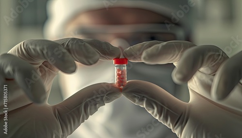 A physician, equipped with a bacteriological protective suit, focused on inspecting an antidote vial for a potentially dangerous virus.