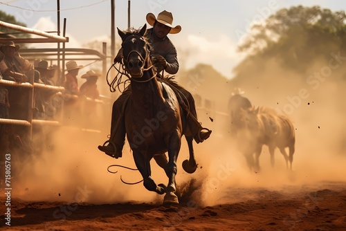 A traditional rodeo in full swing, with cowboys showcasing their skills in bull riding, roping, and barrel racing.