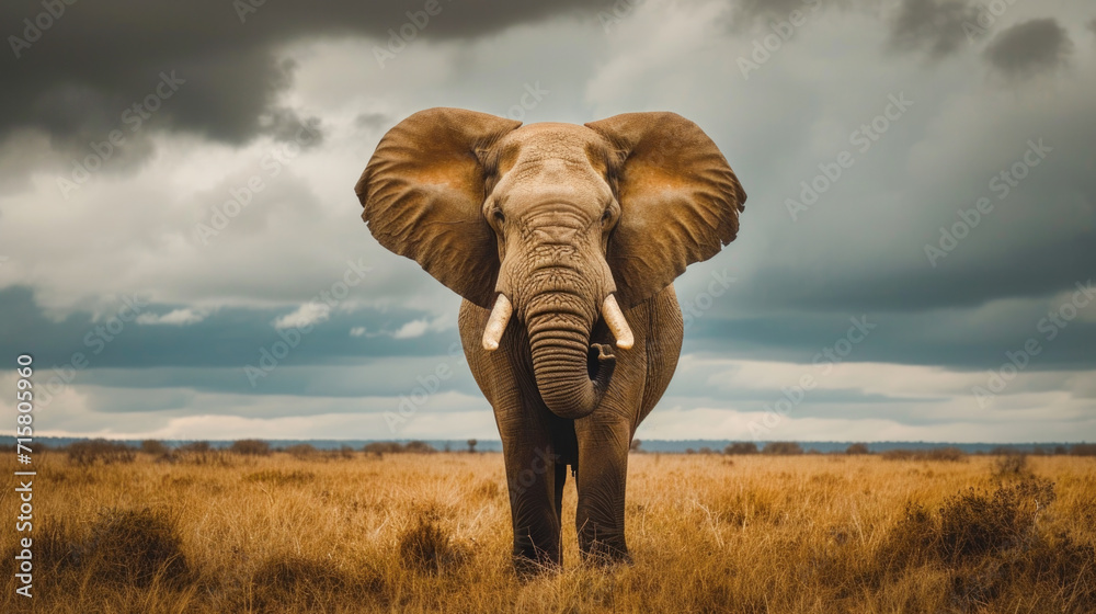 Fototapeta premium Majestic African Elephant Standing Under Stormy Skies