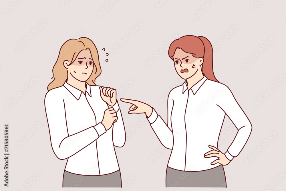 Rude woman manager makes reprimand subordinate, scolding due lack of subordination and mistakes in carrying out assignments. Girl gets reprimand from boss after being late or not following order Rude woman manager makes reprimand subordinate, scolding due lack of subordination and mistakes in carrying out assignments. Girl gets reprimand from boss after being late or not following order