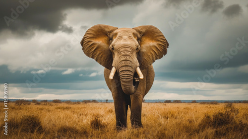 Majestic African Elephant Standing Under Stormy Skies