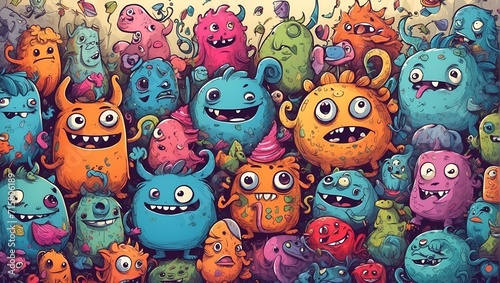 Colorful doodle illustrations with cute monster characters smiling, creating fun images