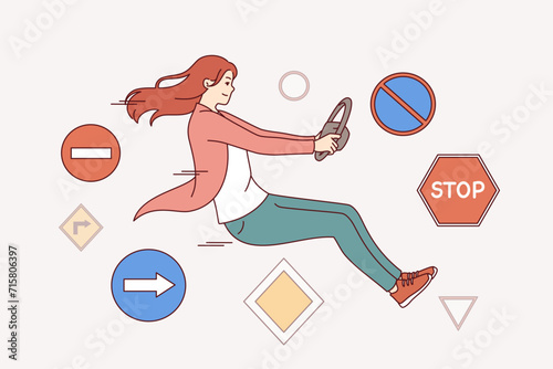 Woman driver violates traffic rules sitting in invisible car among warning road signs. Girl driver violates speed limits participates in races for street racers and neglects safety requirements.